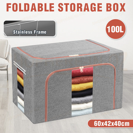 100L Foldable Storage Boxes Crushed Steel Frame Clothes Toys Quilt Organiser Bag