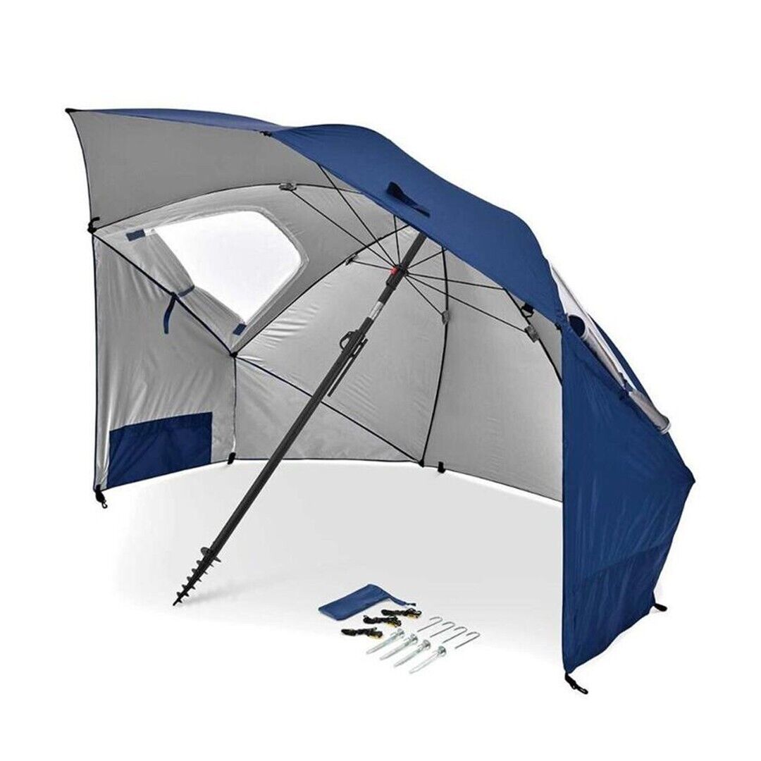 Premium Multifunctional Umbrella Beach, Blue With Carry Bag, Air Vent & Side Pan