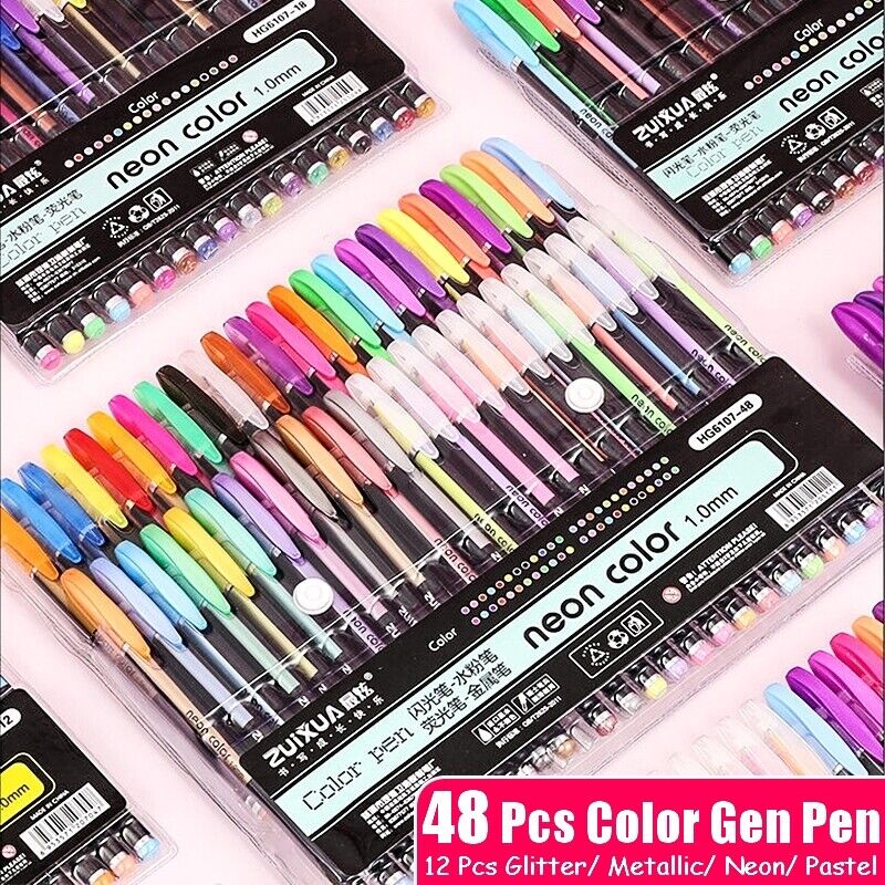 48 Pcs Color Gel Ink Pen 1.0mm Glitter Metallic Neon Pastel Art Drawing Colouring
