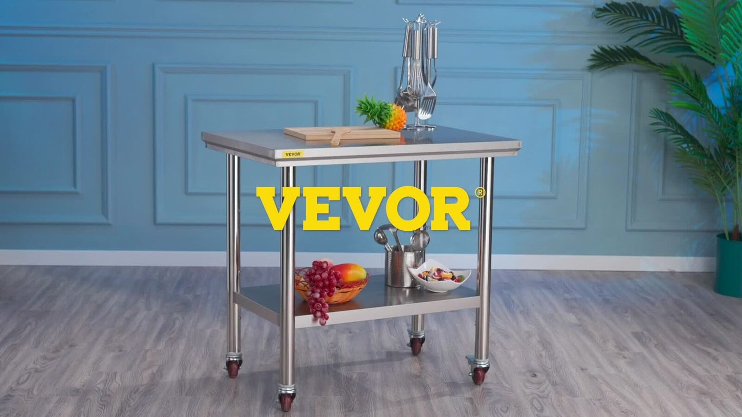 VEVOR 760x610mm Stainless Steel Kitchen Bench Work Bench Food Prep Table Wheels