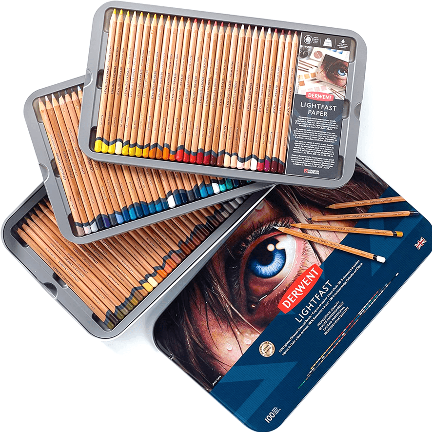 100 Derwent Lightfast Coloured Pencils Professional Tin Set + Paper Pad