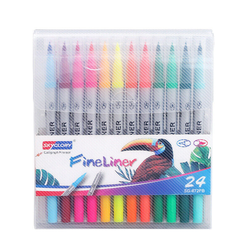 24 Colors Dual Tip Art Markers Brush Pens & Fine Liner Graphic Drawing Sketching