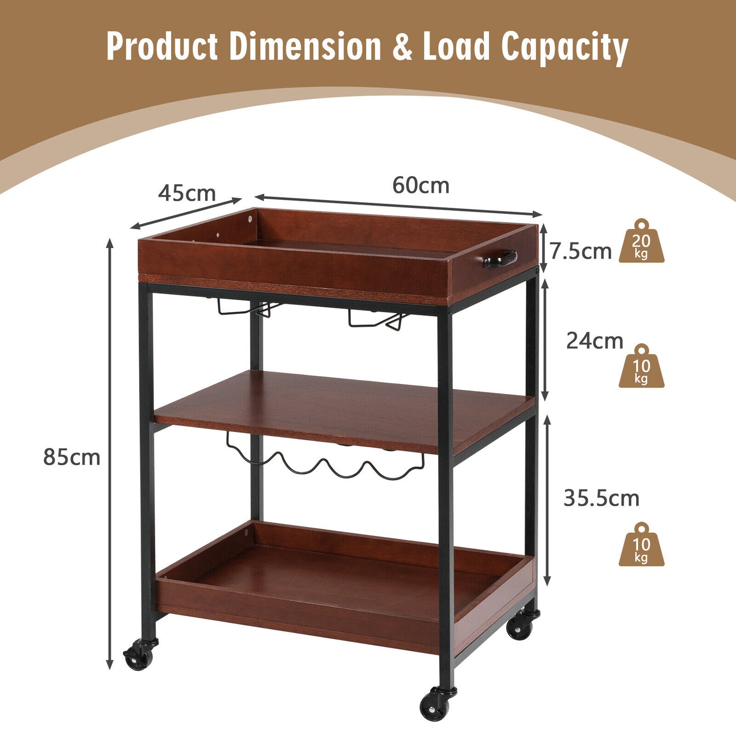 Giantex Kitchen Serving Cart Utility Trolley Cart 3-Tier Shelf w/ Glass Holder