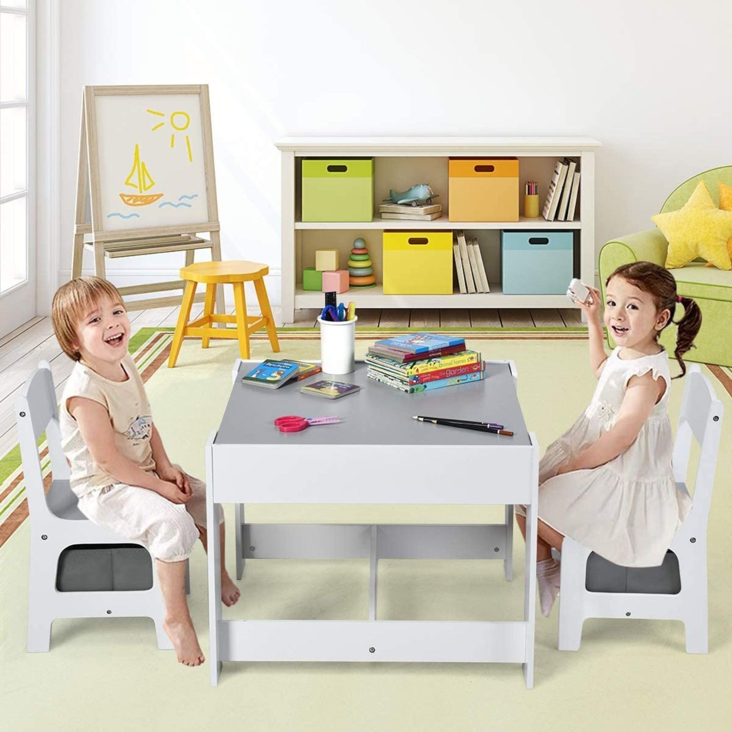 3PCS Kids Table and Chairs Set with Black Chalkboard (Grey)