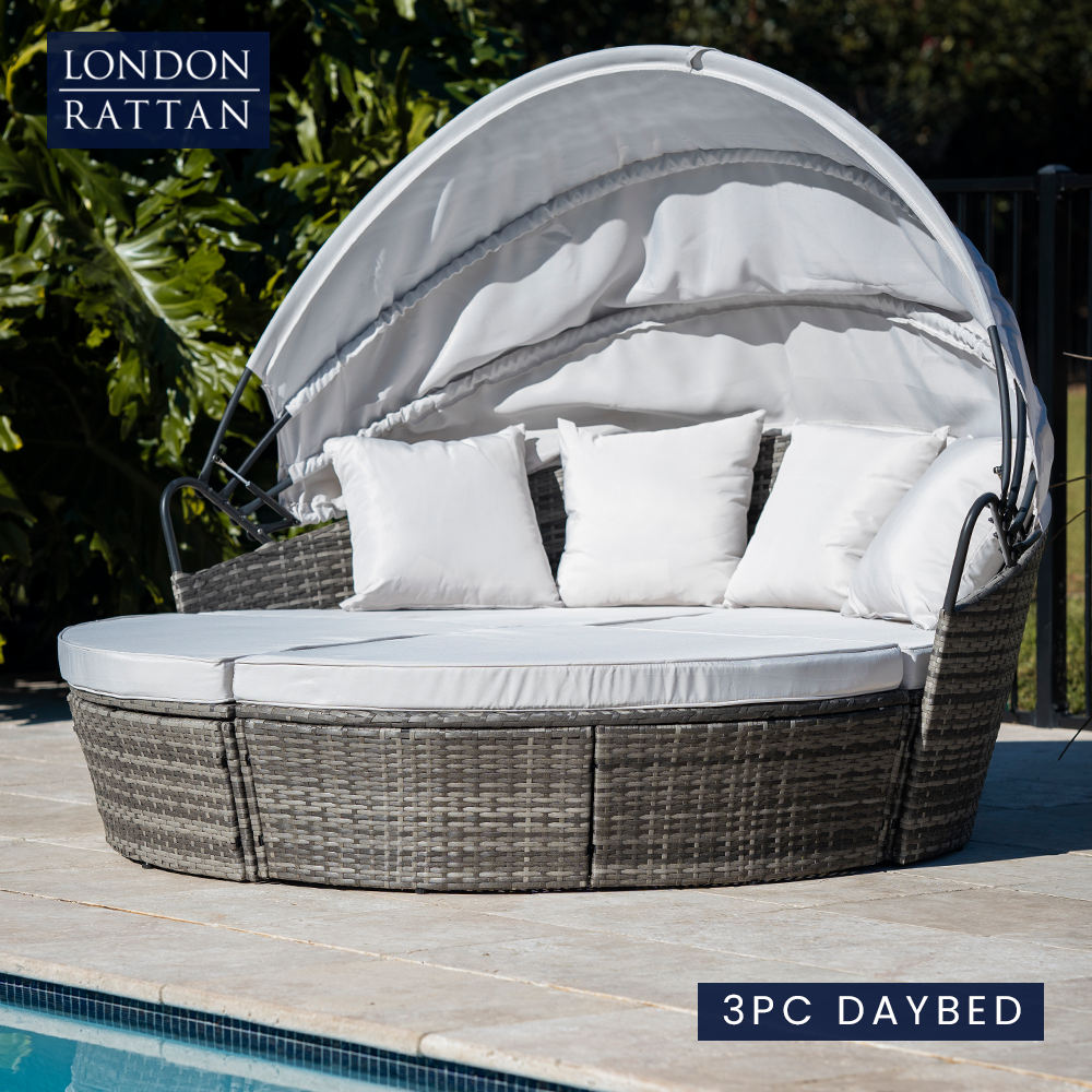 LONDON RATTAN Day Bed Daybed Sofa Garden Wicker Round Grey