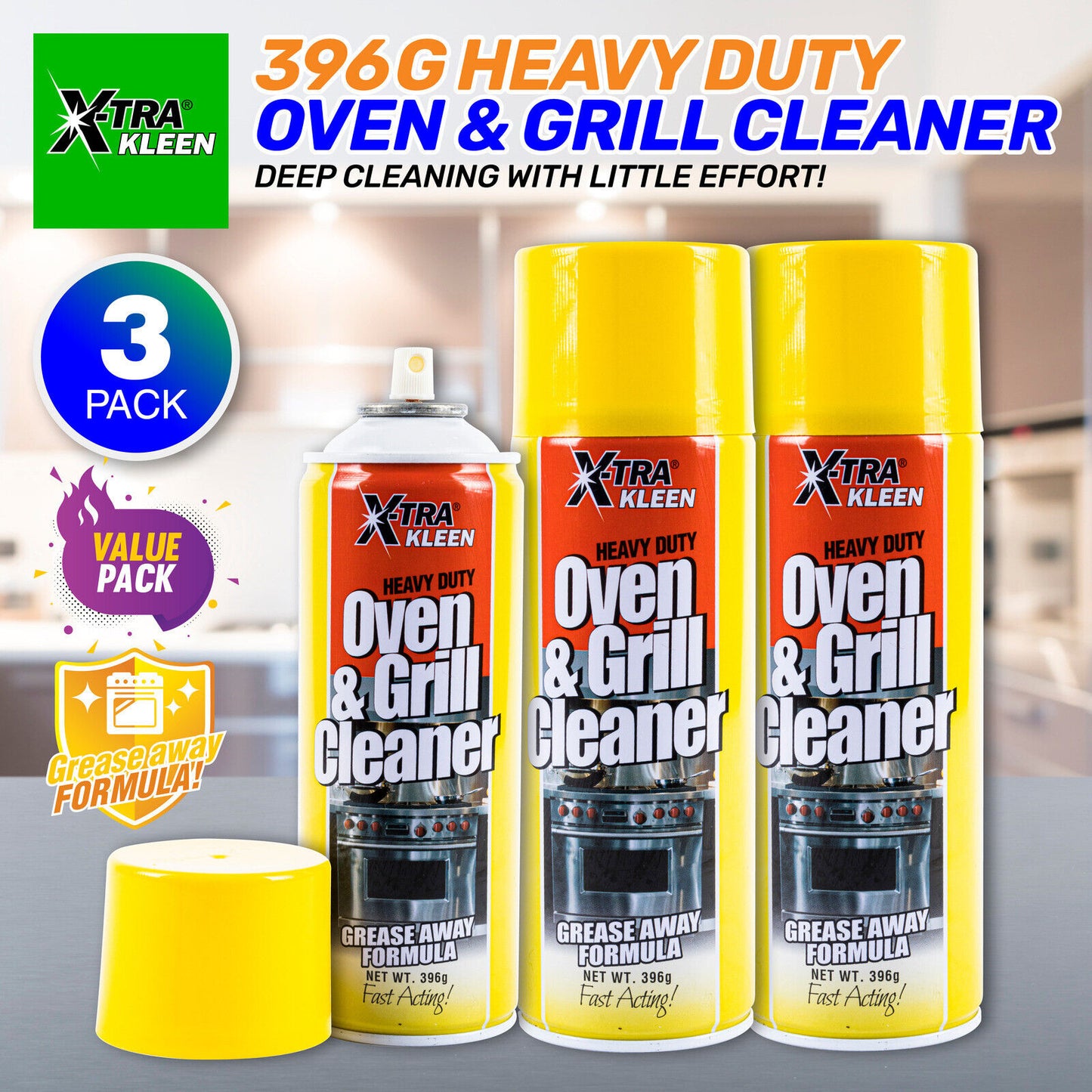 Xtra Kleen 3PK Oven Grill Cleaner Powerful Deep Clean Grease Away Formula 396g