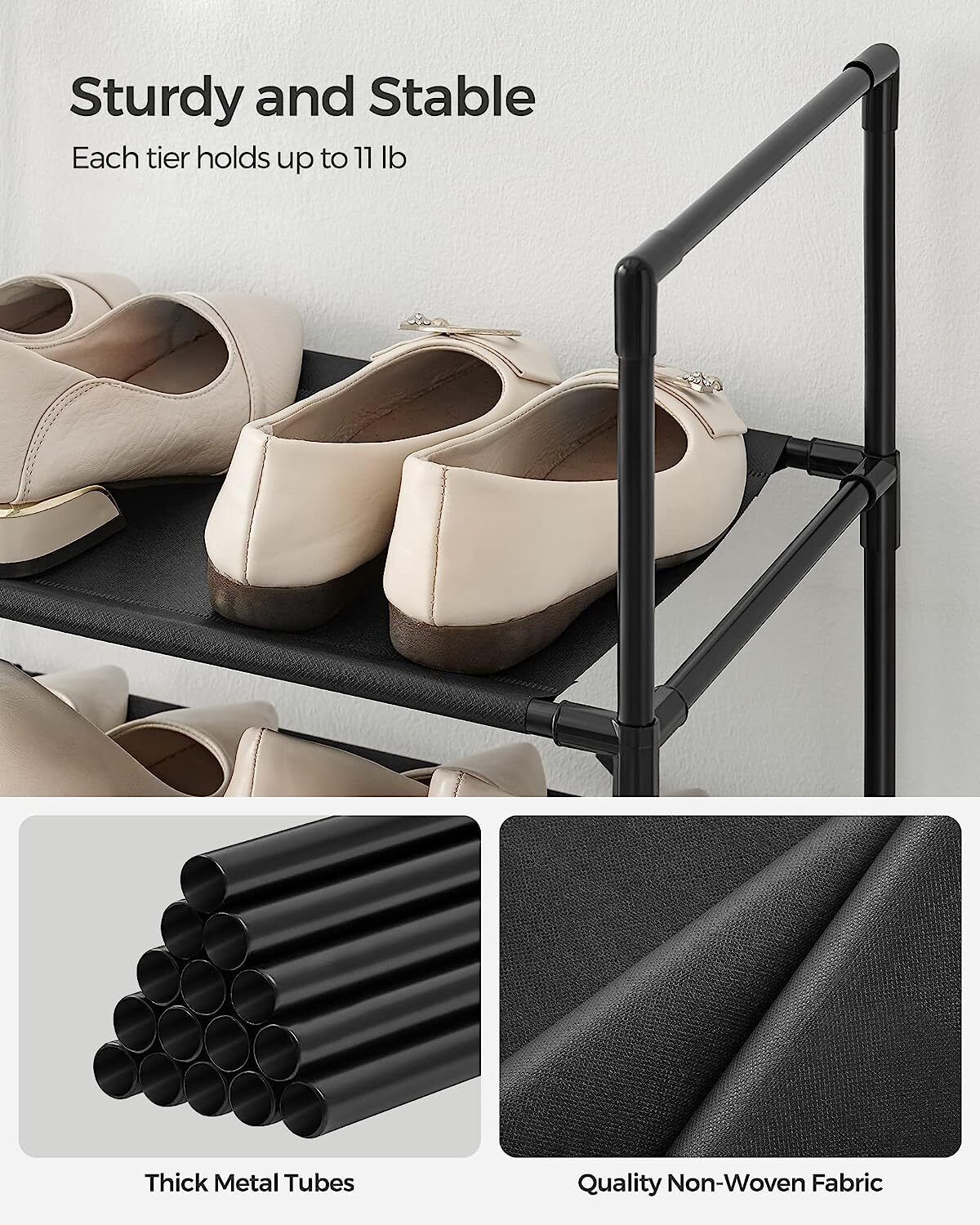 SONGMICS 10 Tier Metal Shoe Rack Non-Woven Fabric Shelves Black