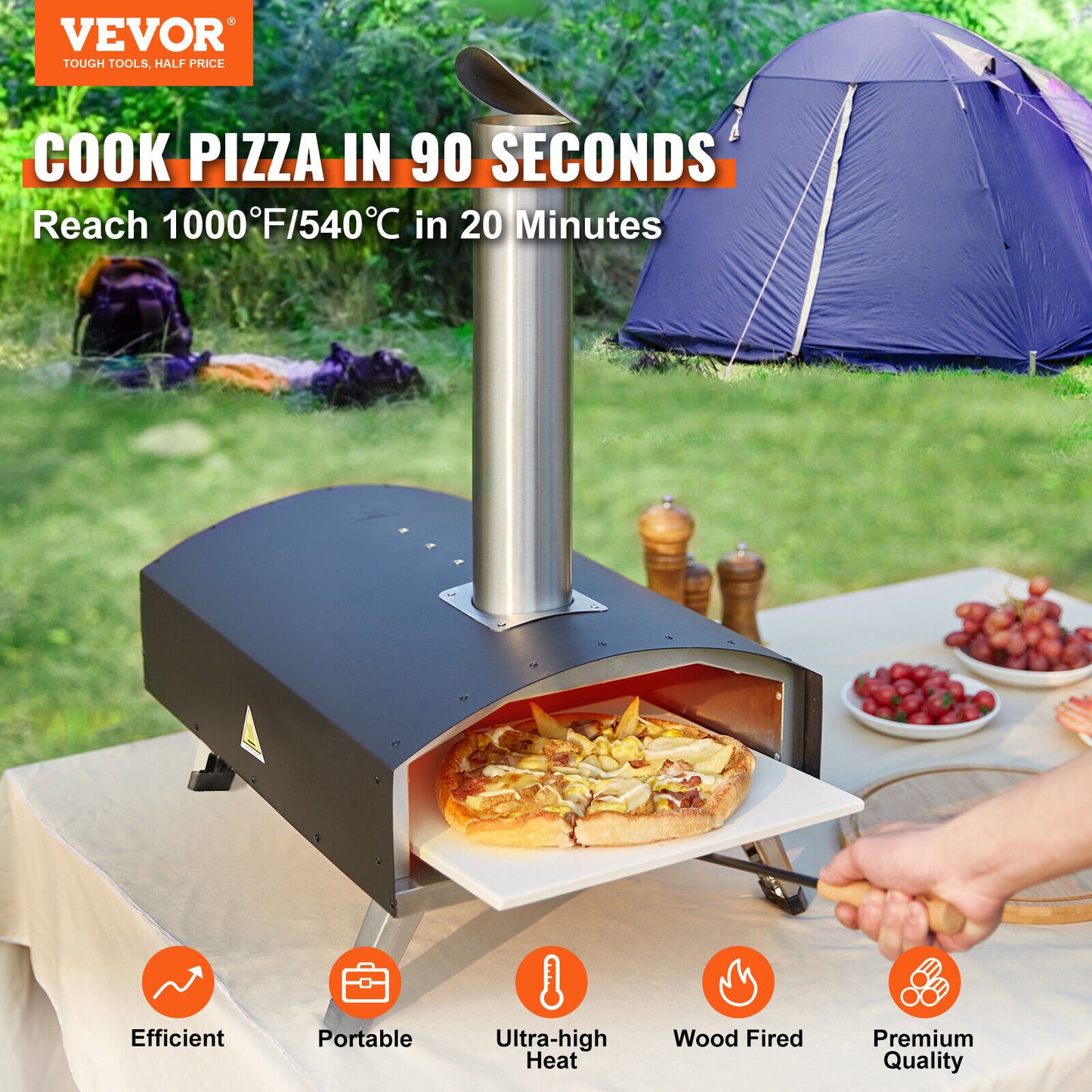 VEVOR 12" Outdoor Pizza Oven Portable Wood Pellet Pizza Oven Stainless Steel BBQ