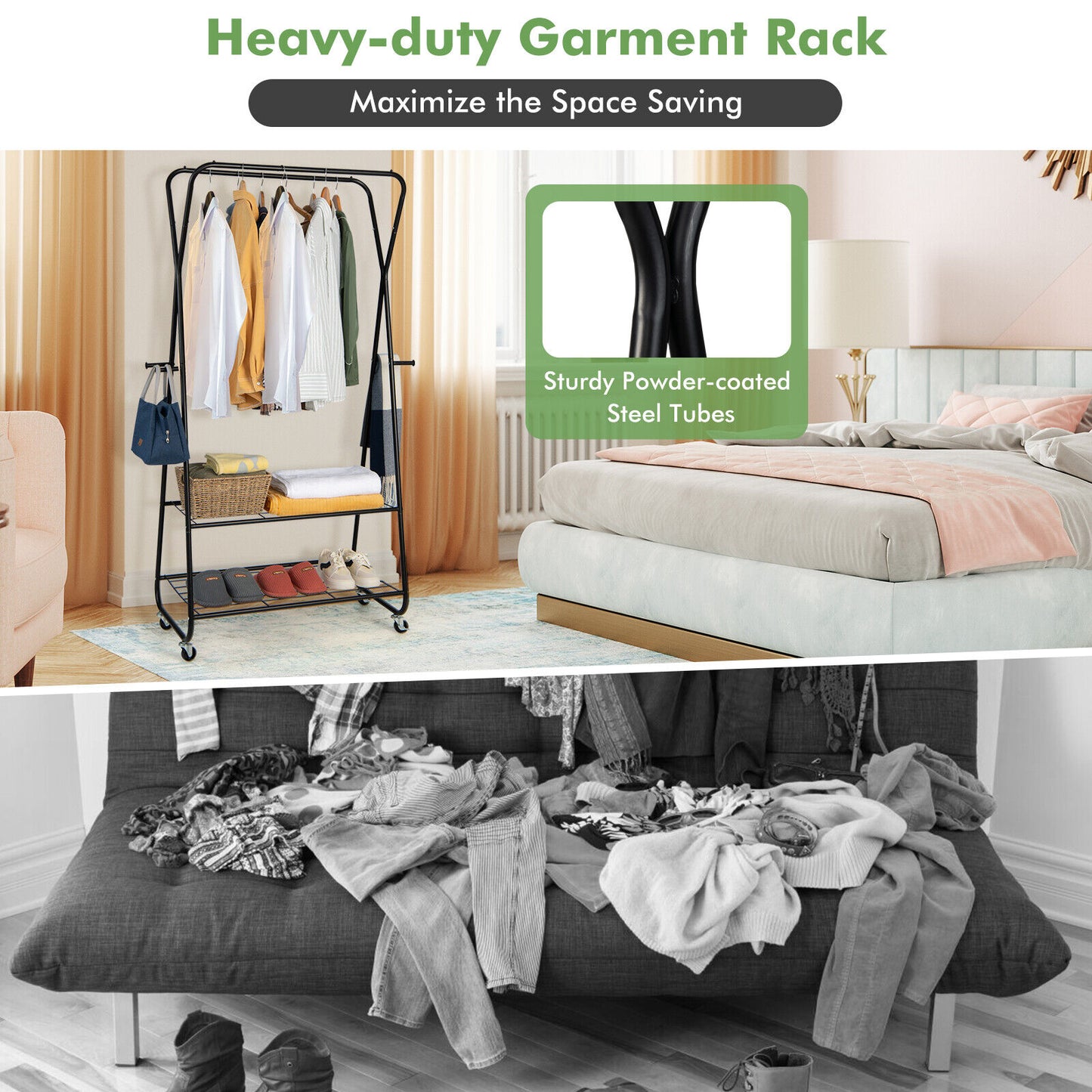 Heavy Duty Double Rail Garment Rack Clothes Rack on Wheels / Shelves & Hooks