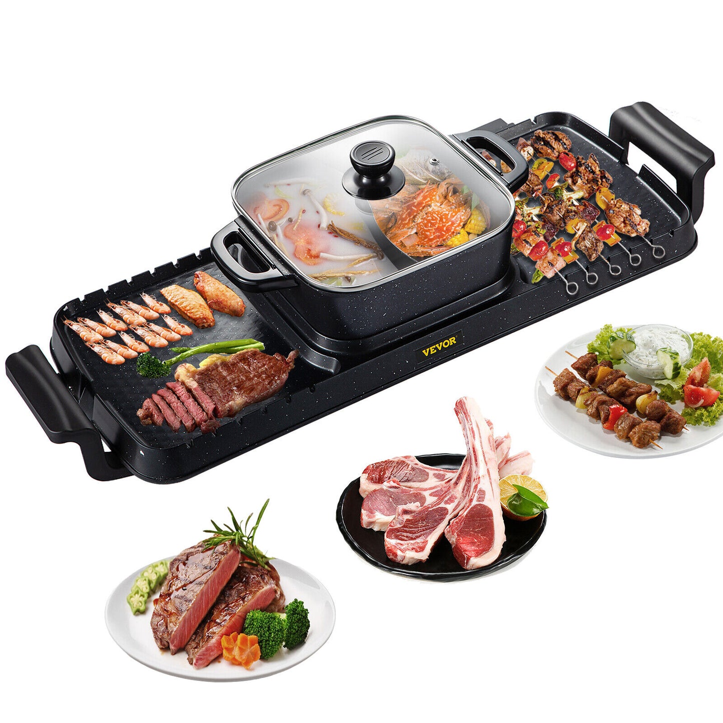 VEVOR Electric BBQ Grill Hot Pot Oven Pan 3in1 Barbecue Grill 2400W Plate Home