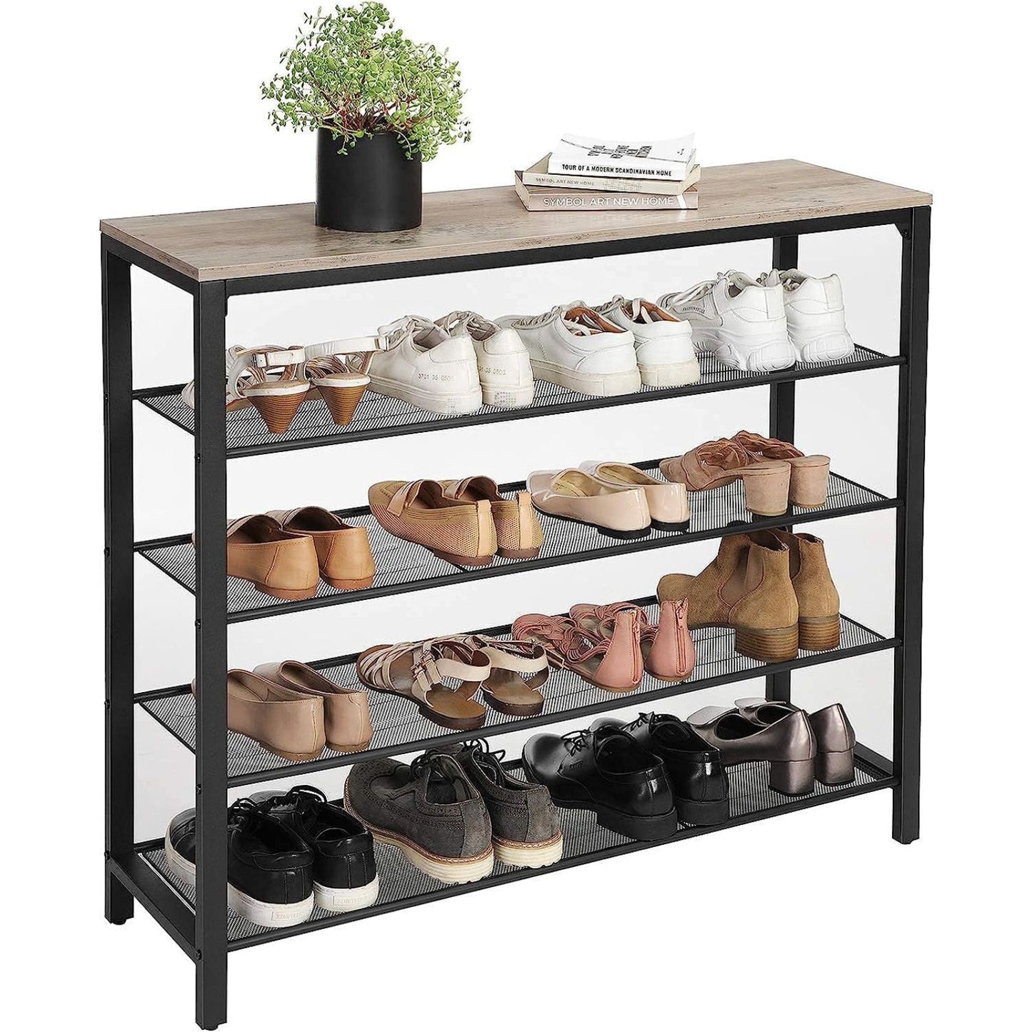 VASAGLE INDESTIC Shoe Rack Organizer with 4 Mesh Shelves Industrial Greige