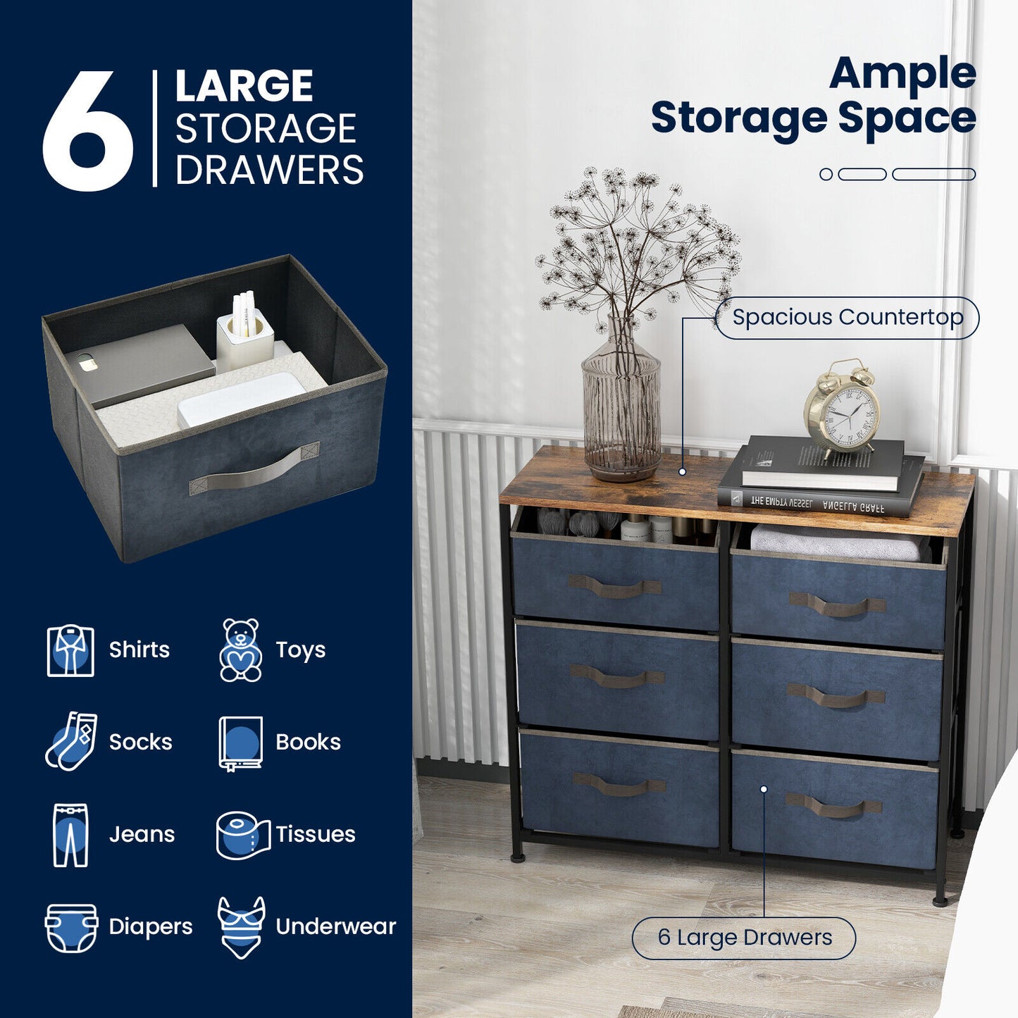 6-Drawer Dresser Organiser Closet Storage Cabinet w/ Foldable Fabric Drawer