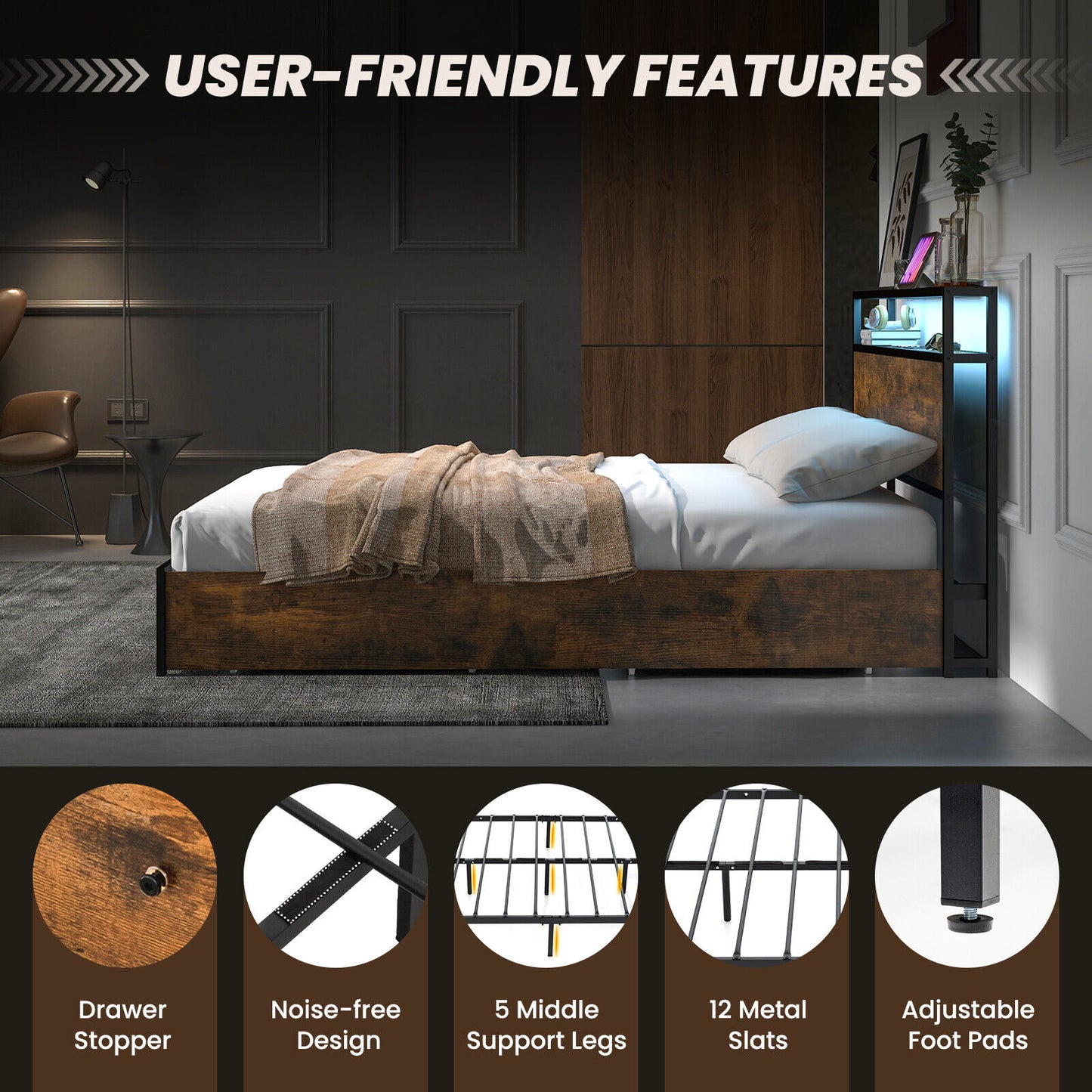 Queen Metal Bed Frame w/ Smart LED Lights & Charging Station Rustic Brown