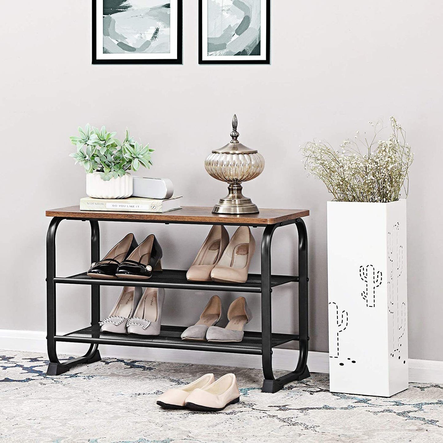 Vasagle Shoe Bench with 2 Mesh Shelves Rounded Iron Frame Rustic Brown