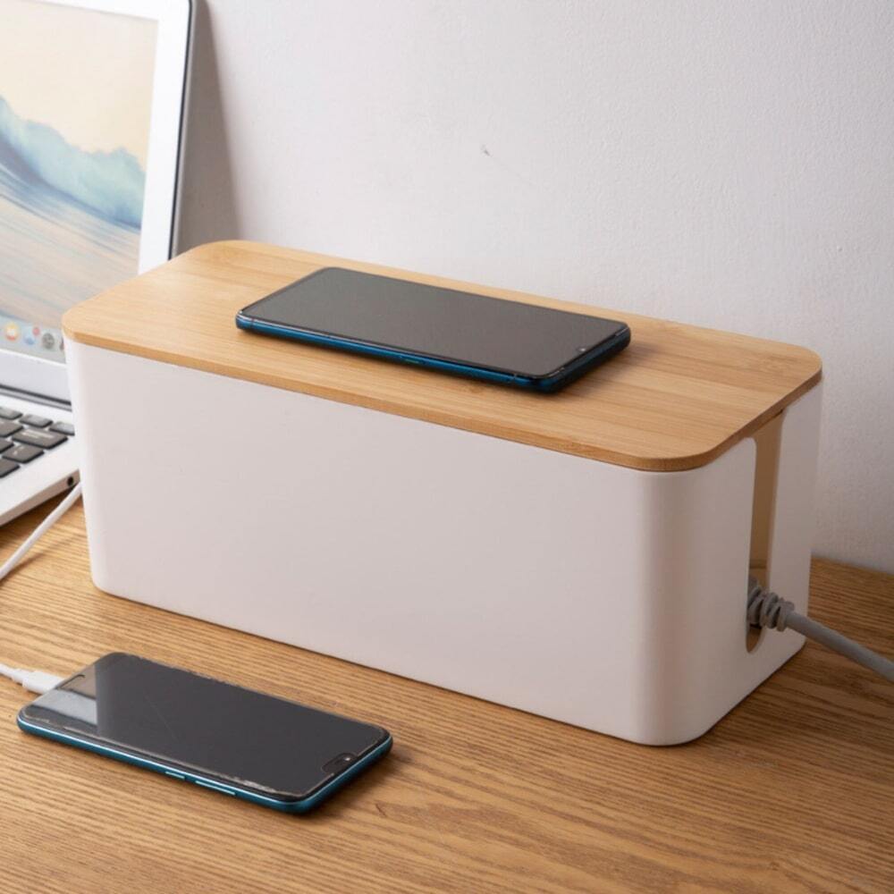 Gominimo Set of Two Cable Management Box with Wood Pattern Lid White