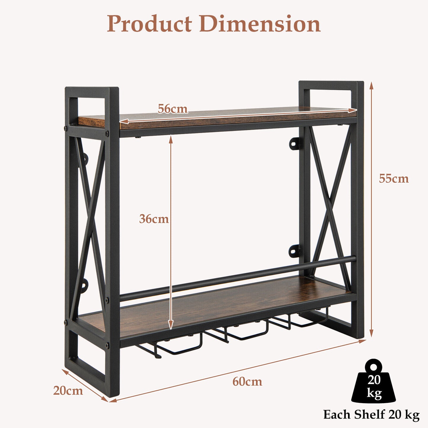 Giantex Industrial Wall Mounted Wine Rack, 2-Tier Wine Shelf, Rustic Brown