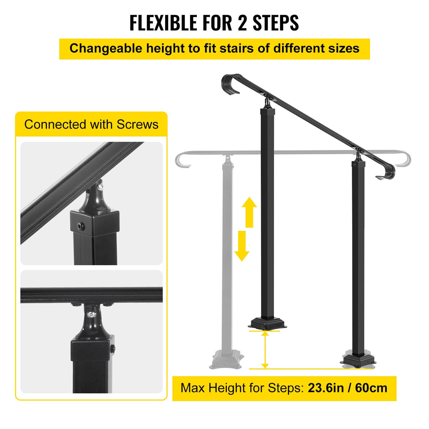 VEVOR Adjustable Iron Handrail Black Fit 2 or 3 Steps Handrail Concrete Decor