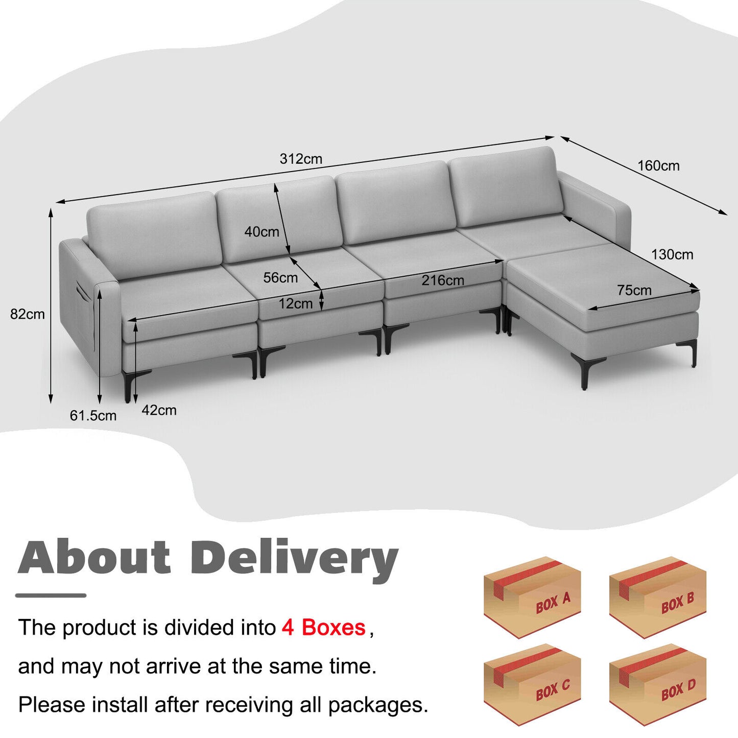 4 Parts L-shaped Sectional Sofa Lounge Couch Modular Furniture Home Chaise Gray