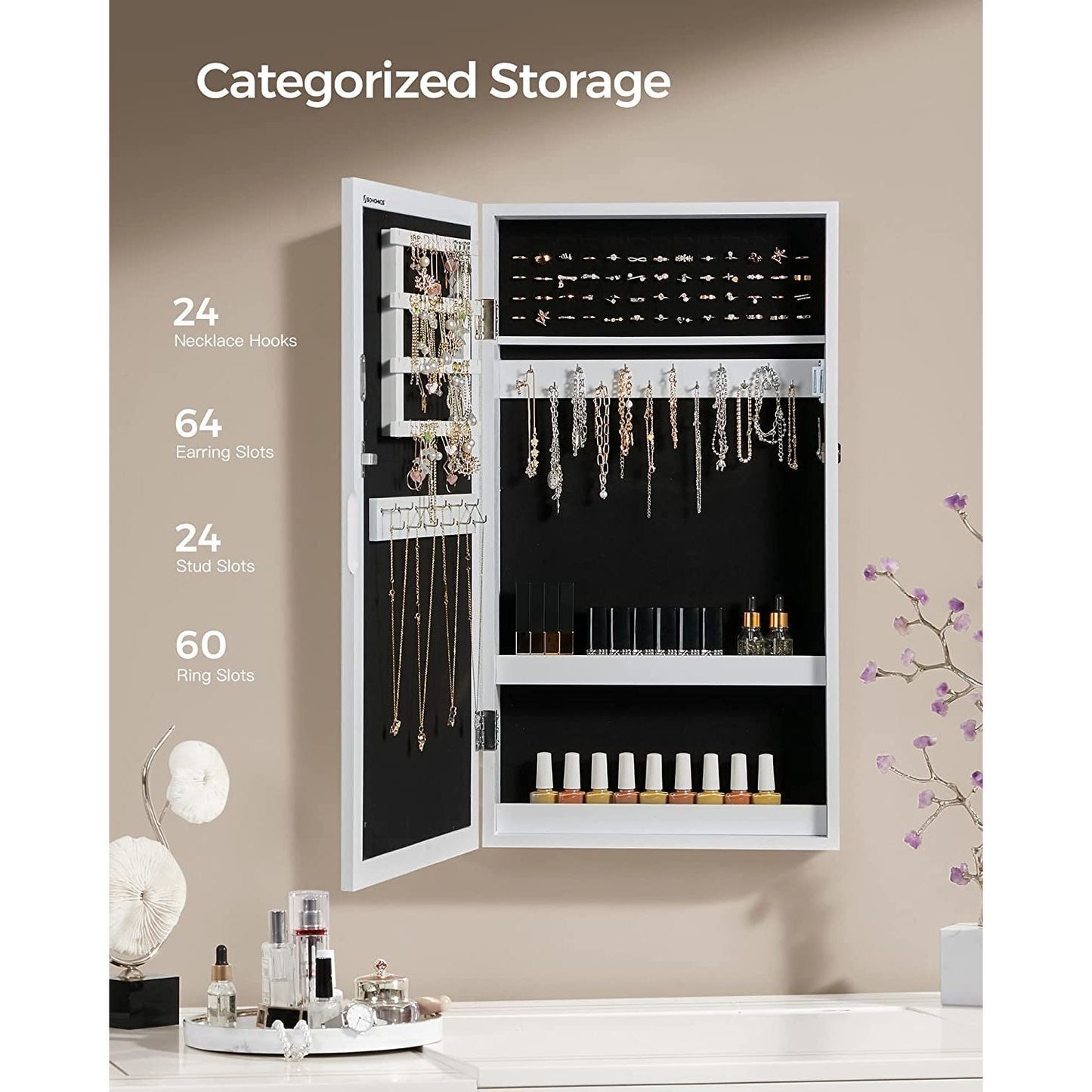 Songmics Lockable 2-in-1 Jewelry Cabinet Armoire with Mirror White