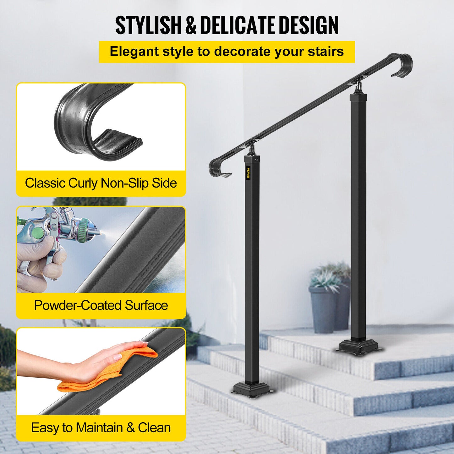 VEVOR Adjustable Iron Handrail Black Fit 2 or 3 Steps Handrail Concrete Decor