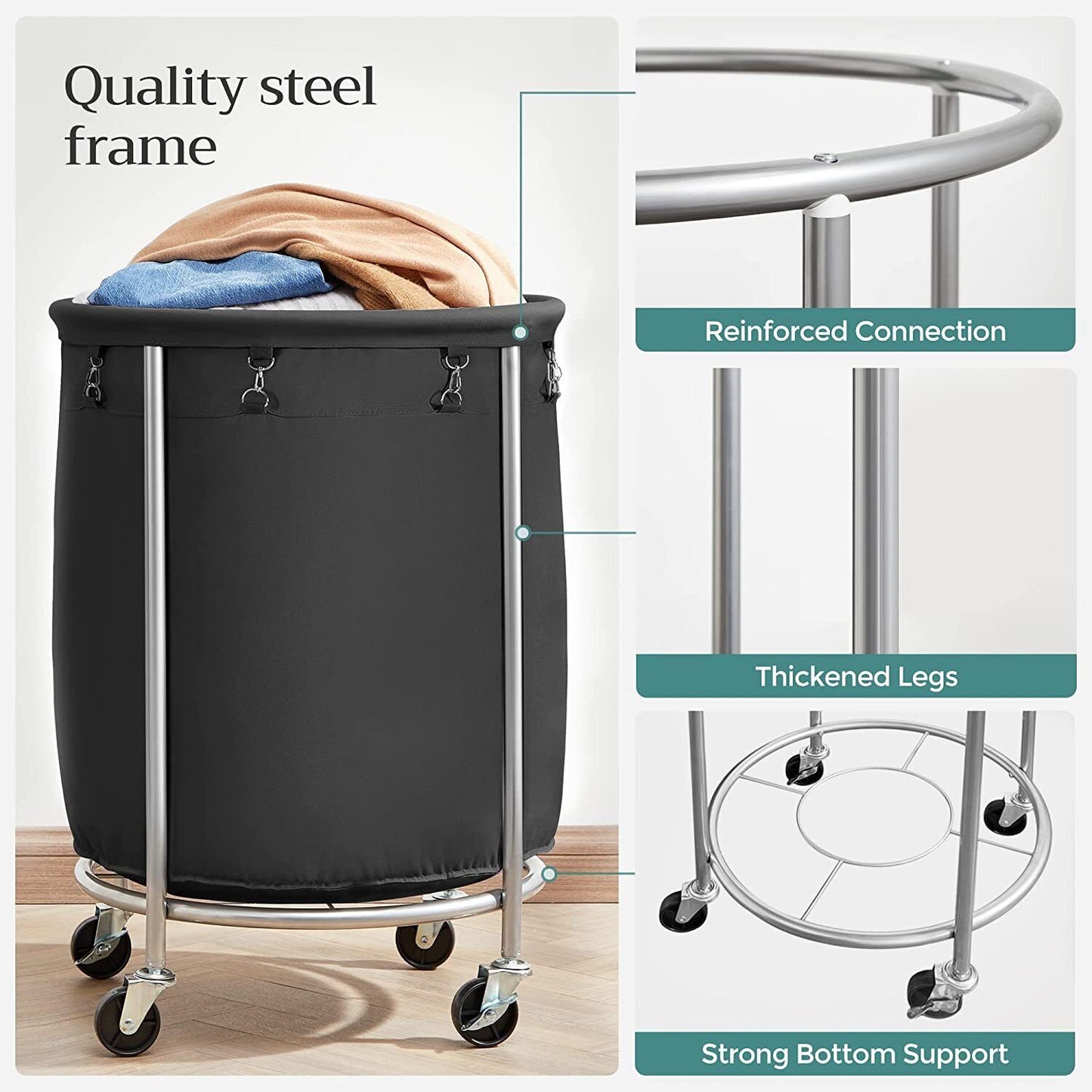 Songmics Laundry Basket with Wheels with Steel Frame and Removable Bag Black