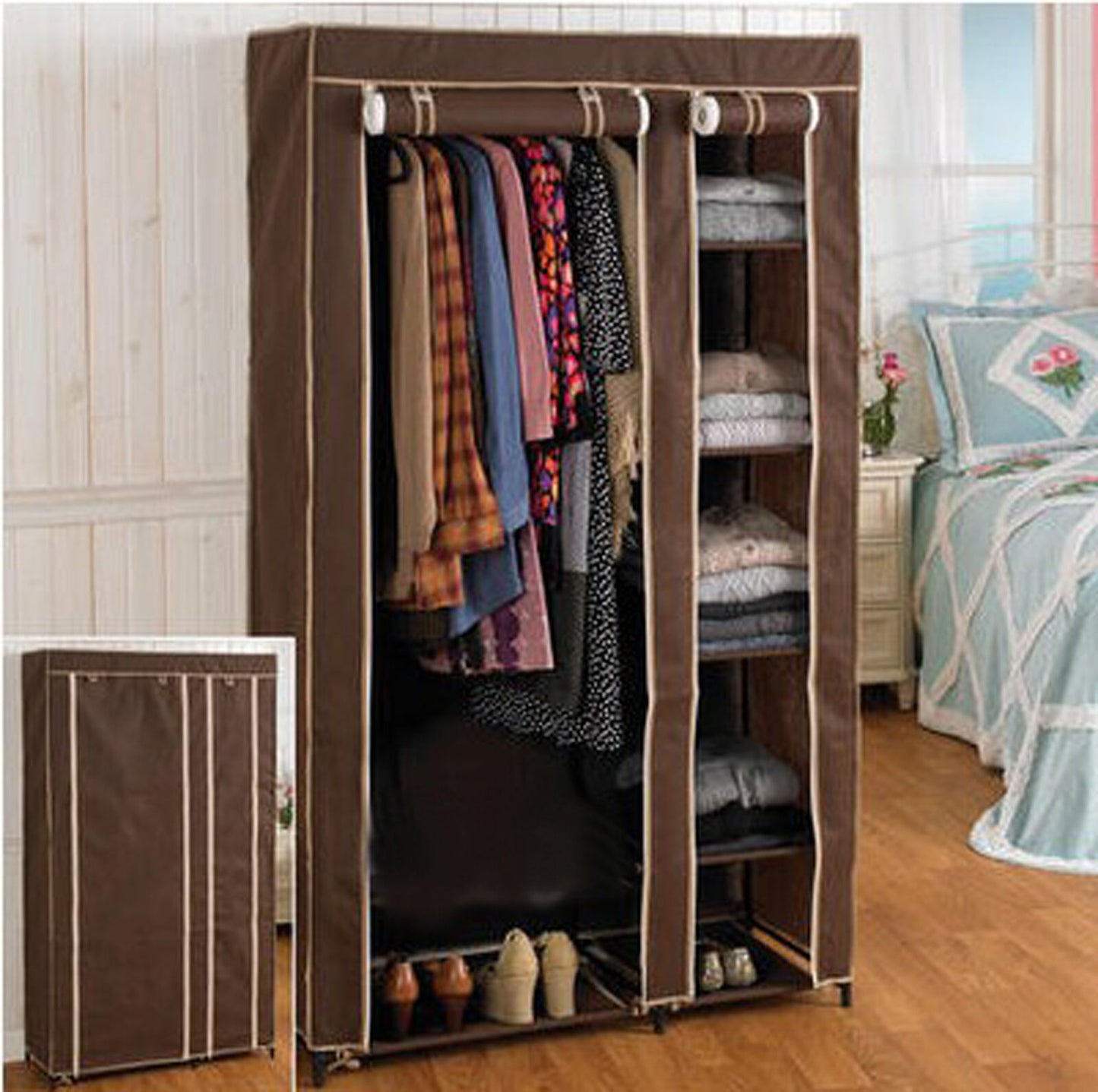 5 Shelves Easy to assemble Portable Wardrobe Large Space Storage Brown