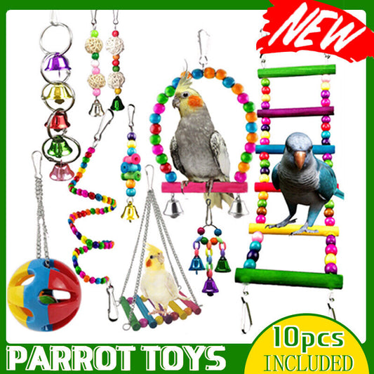 10PCS Bird Toys Parrot Swing Toys Chewing Hanging Bell Cockatiel Cage Toy Set