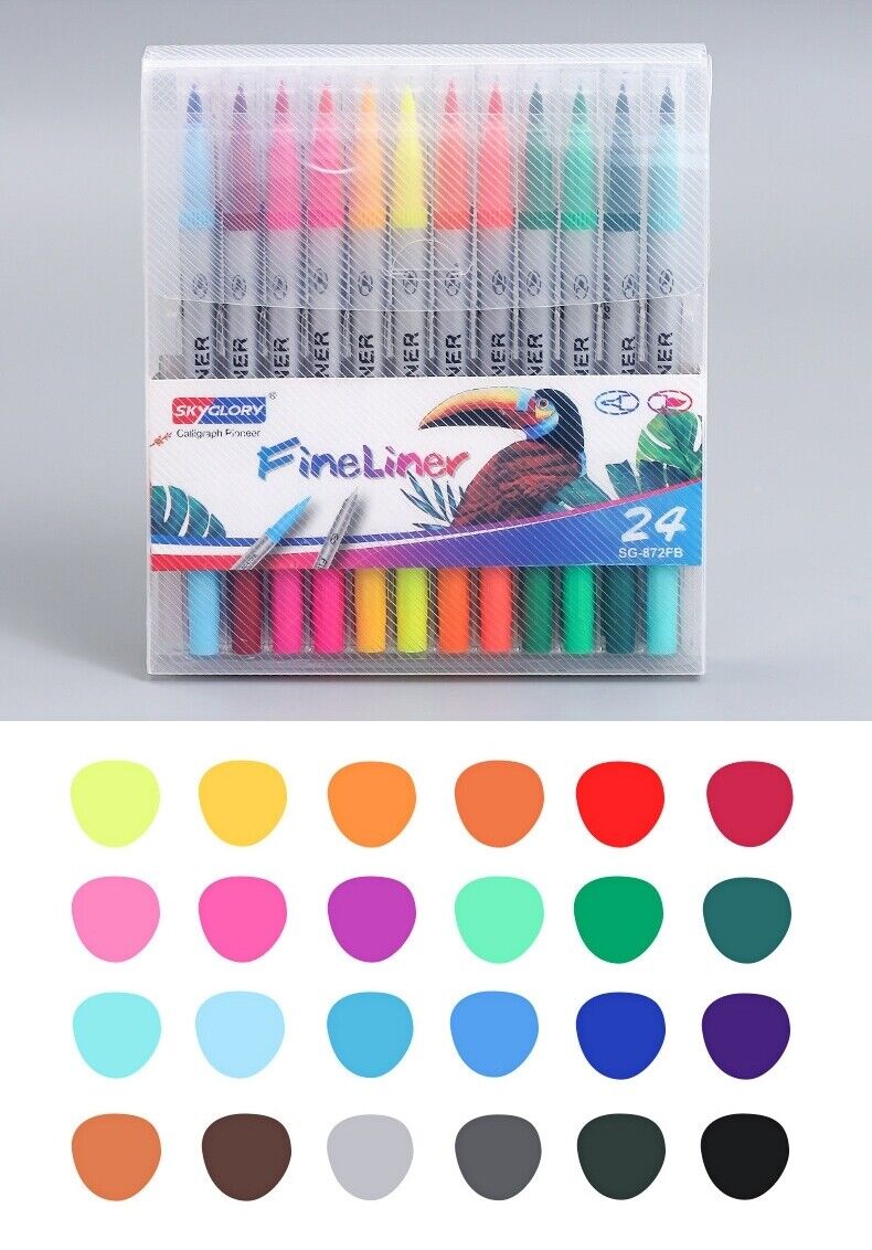 24 Colors Dual Tip Art Markers Brush Pens & Fine Liner Graphic Drawing Sketching