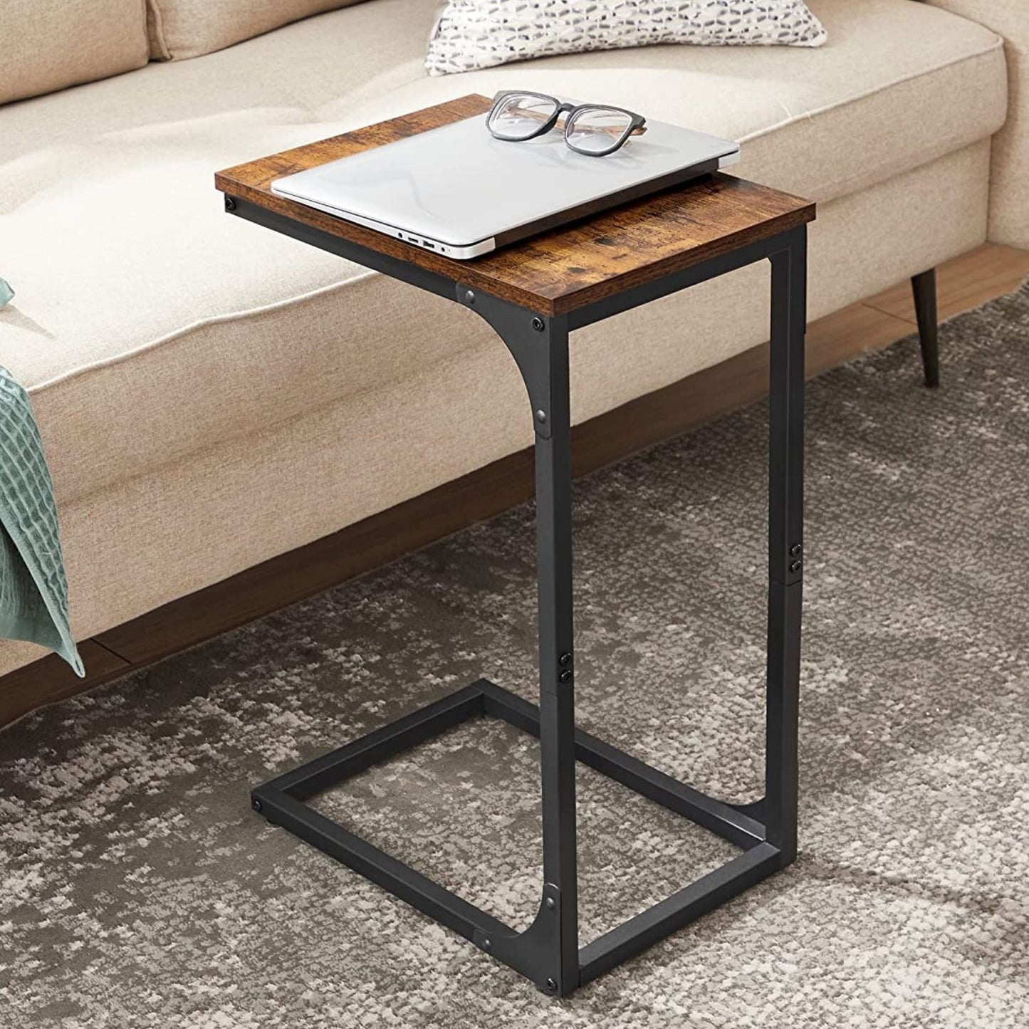 Vasagle C-Shaped Slim End Table with Metal Frame Rustic Brown and Black