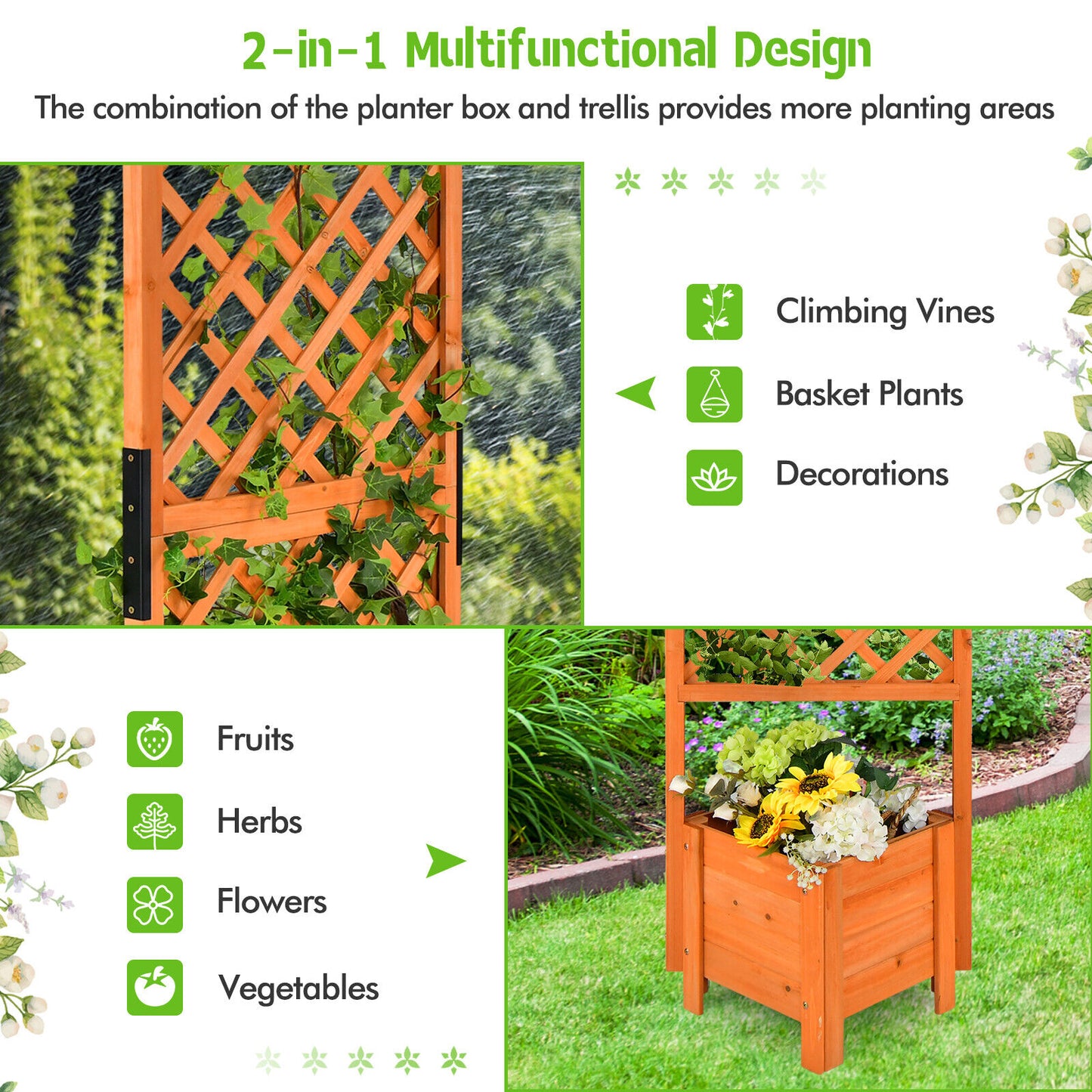 Raised Garden Bed Wooden Planter w/ Trellis for Vine Climbing Plant Flower