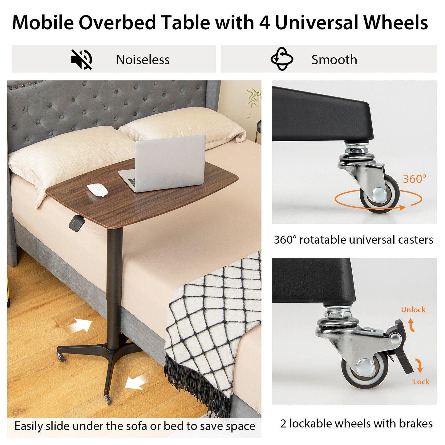 Mobile Standing Desk Pneumatic Adjustable Overbed Table Rolling Laptop Cart