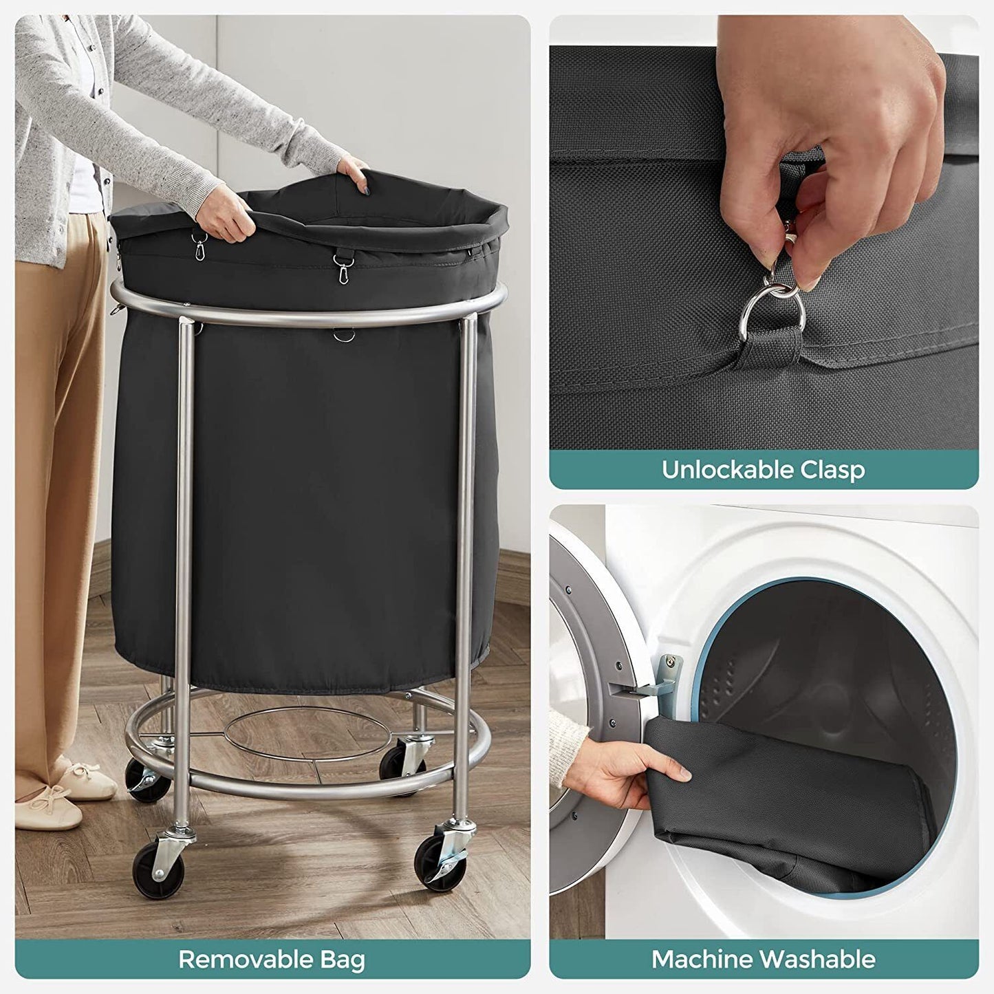 Songmics Laundry Basket with Wheels with Steel Frame and Removable Bag Black