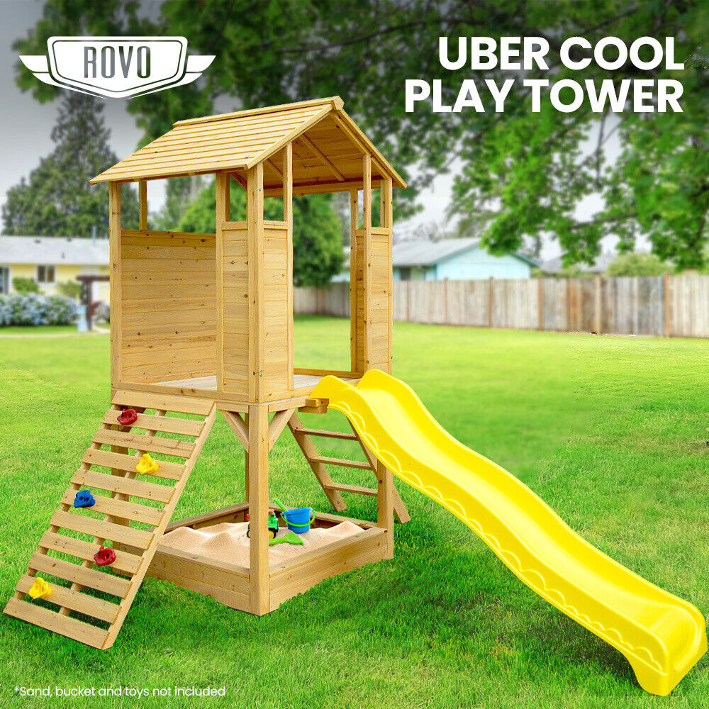 ROVO KIDS Wooden Outdoor Play Equipment Cubby House Slide Sandpit Climbing Wall