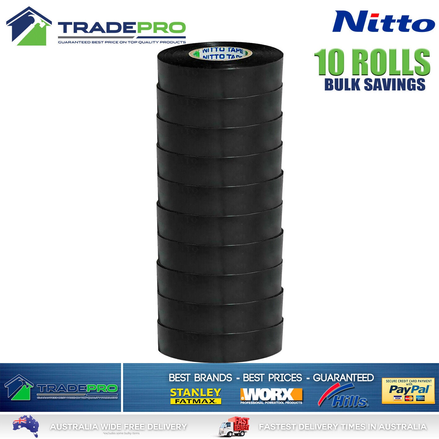 10x Rolls Nitto® Electrical Tape Black 18mm x 20m Insulation Denko Electric Bulk