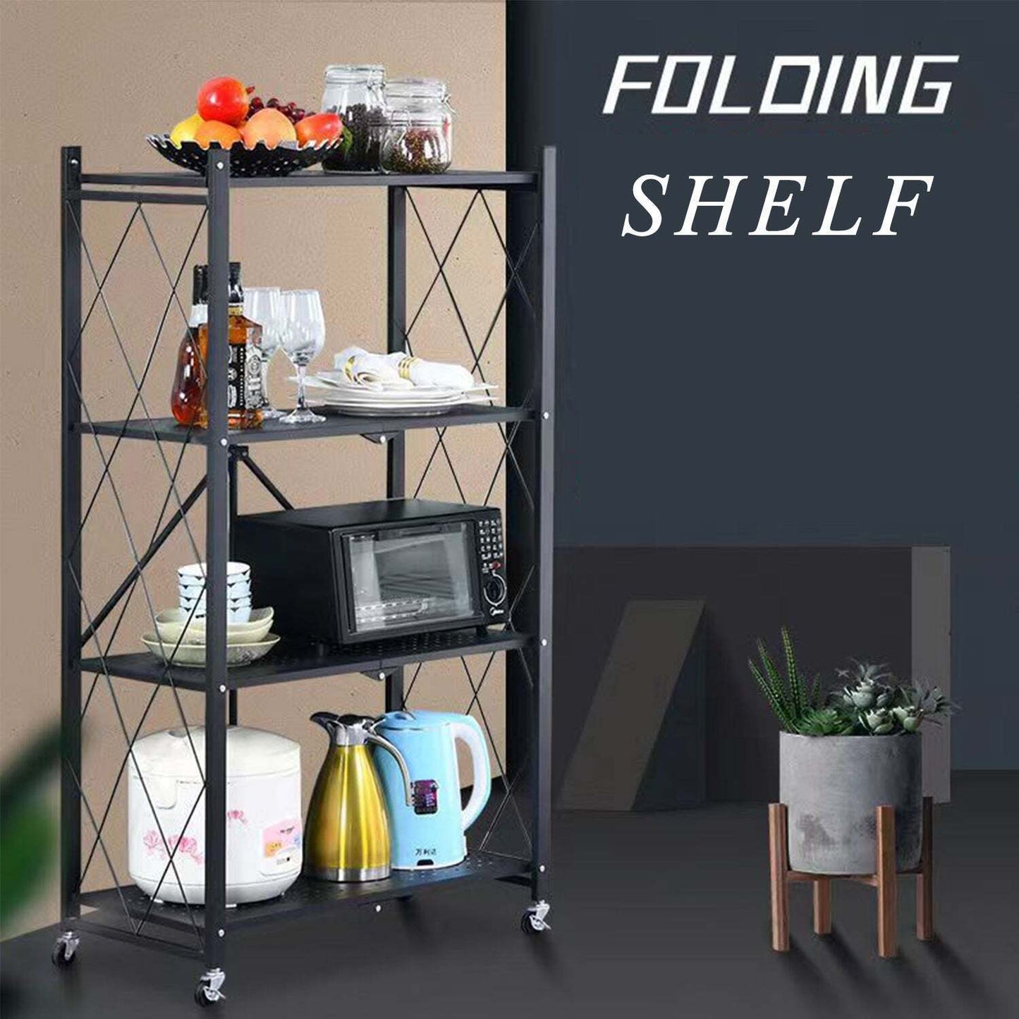 Foret Bookshelf Foldable Shelf Metal Display Rack Kitchen Wheels Storage 5 Tier