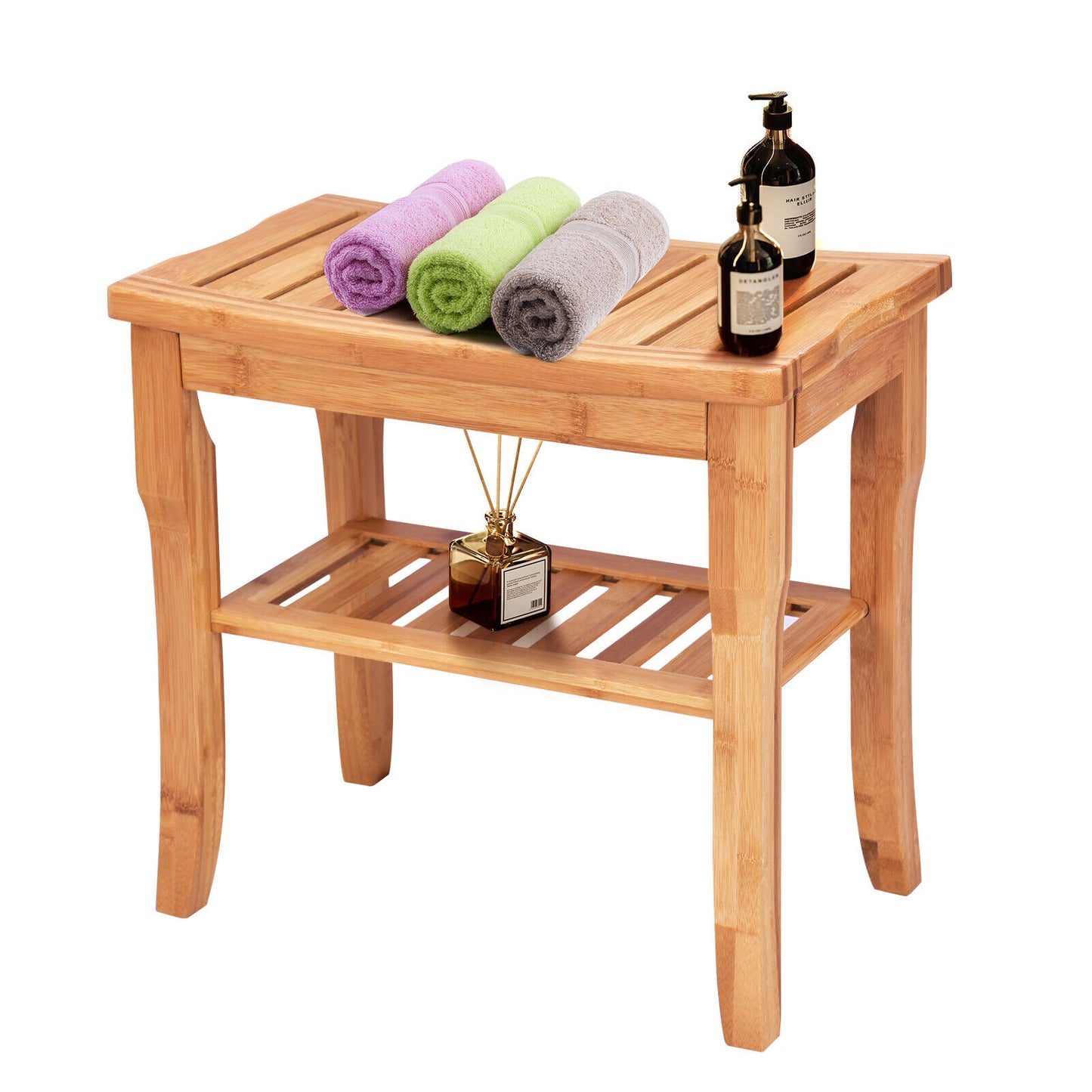 Shower Seat Bench Bamboo Bathroom Spa Organiser Stool W/ Storage Shelf