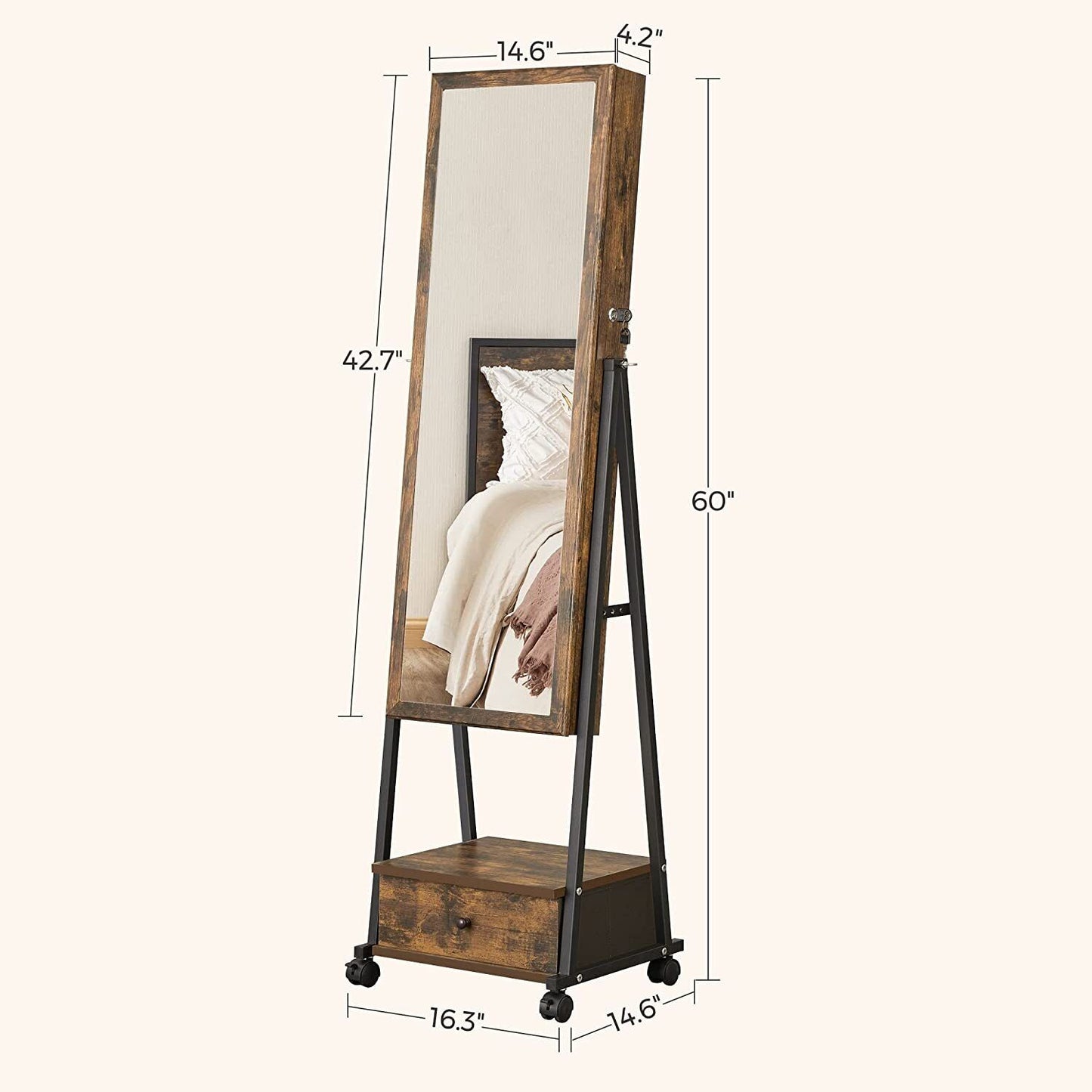 Songmics Jewelry Cabinet Floor Standing on Wheels with Mirror Rustic Brown