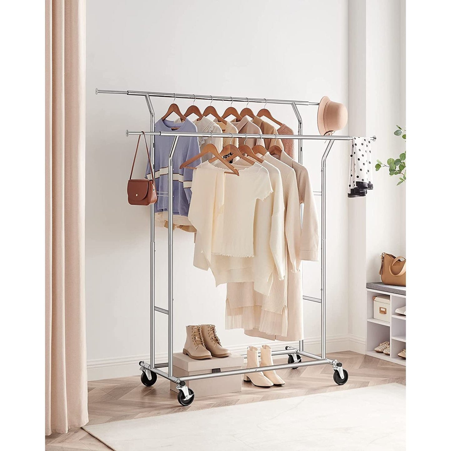 Metal Clothes Rack Stand on Wheels Heavy Duty Silver