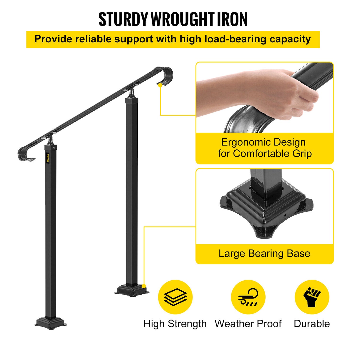 VEVOR Adjustable Iron Handrail Black Fit 2 or 3 Steps Handrail Concrete Decor