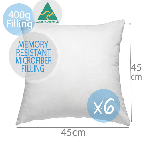 6 x Aus Made Premium Memory Resistant Polyester Pillow Cushion Inserts  45x45CM