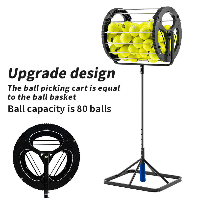 Tennis Balls Retriever Picker Hopper Roller Stand Trainer 80 Balls Storage