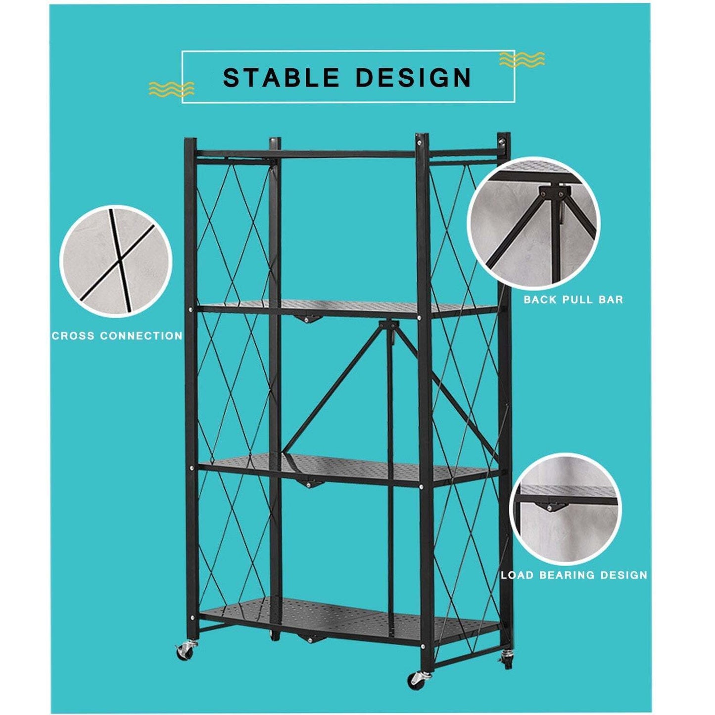 Foret Bookshelf Foldable Shelf Metal Display Rack Kitchen Wheels Storage 5 Tier