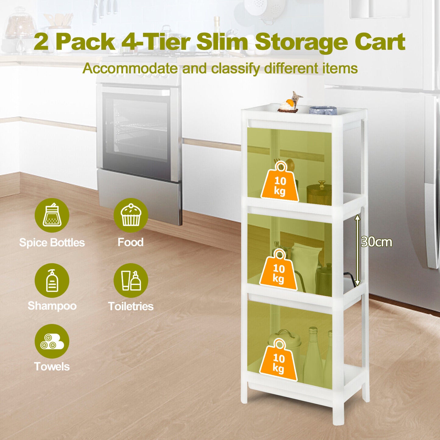 2 Pcs 4 Tier Slim Storage Cart Detachable Kitchen Organiser Rolling Utility Cart