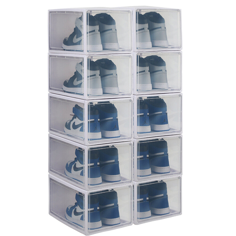 10xExtra Large Plastic Shoe Box Stackable Clear Storage Container Heavy Duty Wht