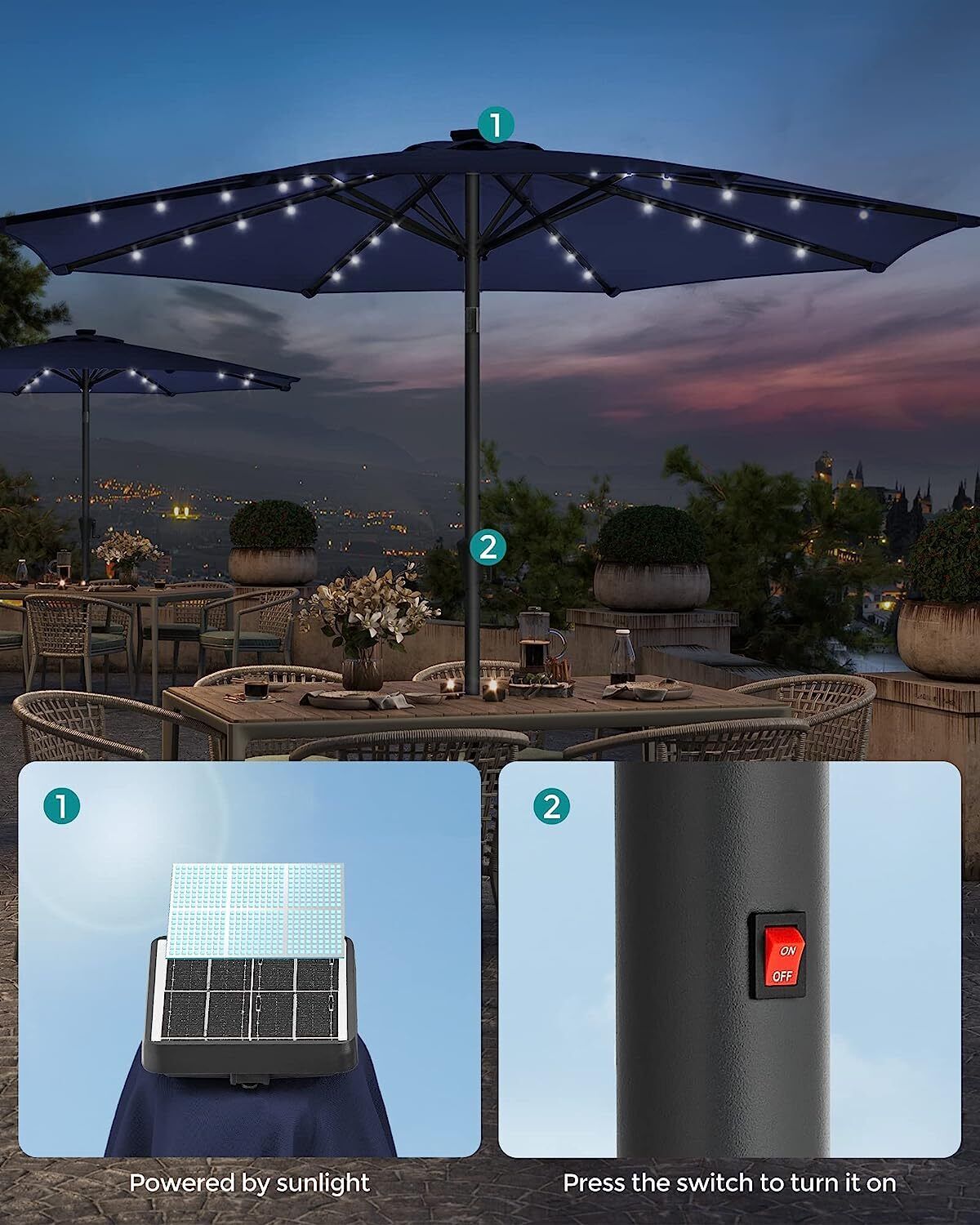 Songmics 2.7m Solar LED Lighted Outdoor Patio Umbrella Navy Blue