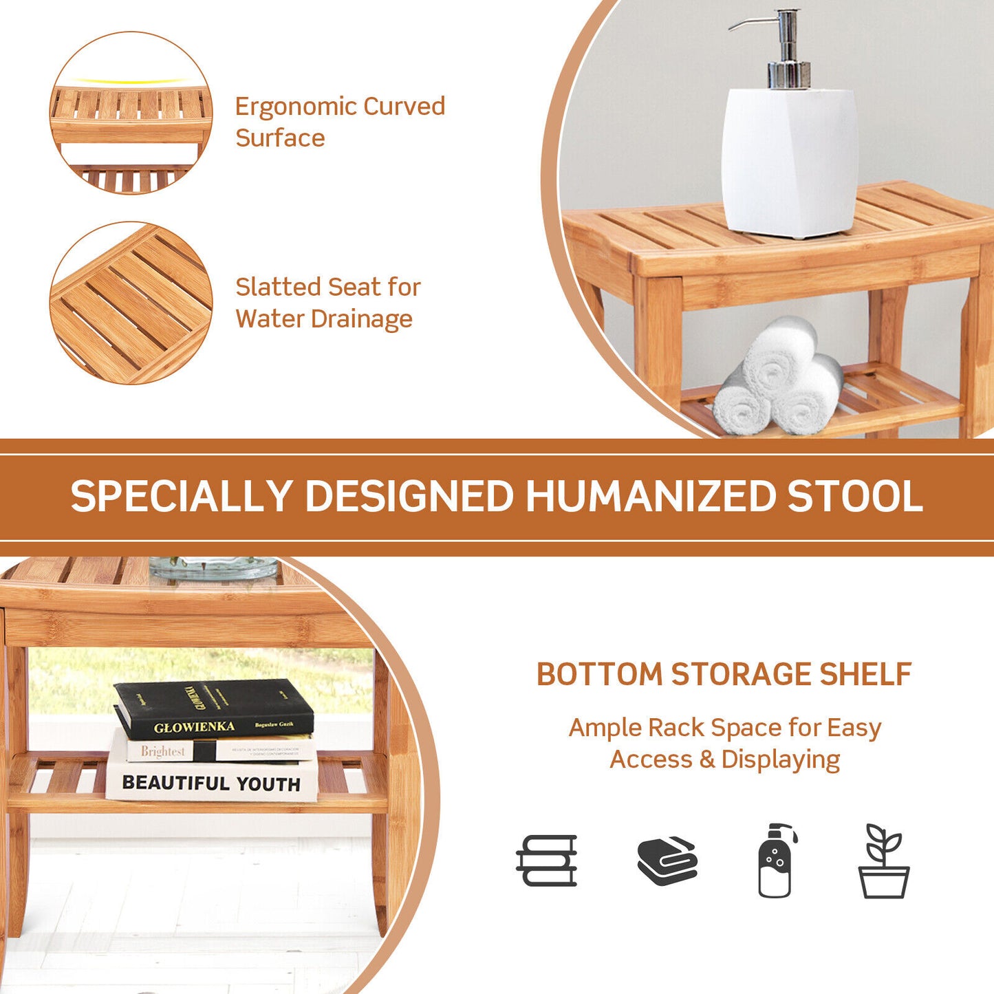 Shower Seat Bench Bamboo Bathroom Spa Organiser Stool W/ Storage Shelf