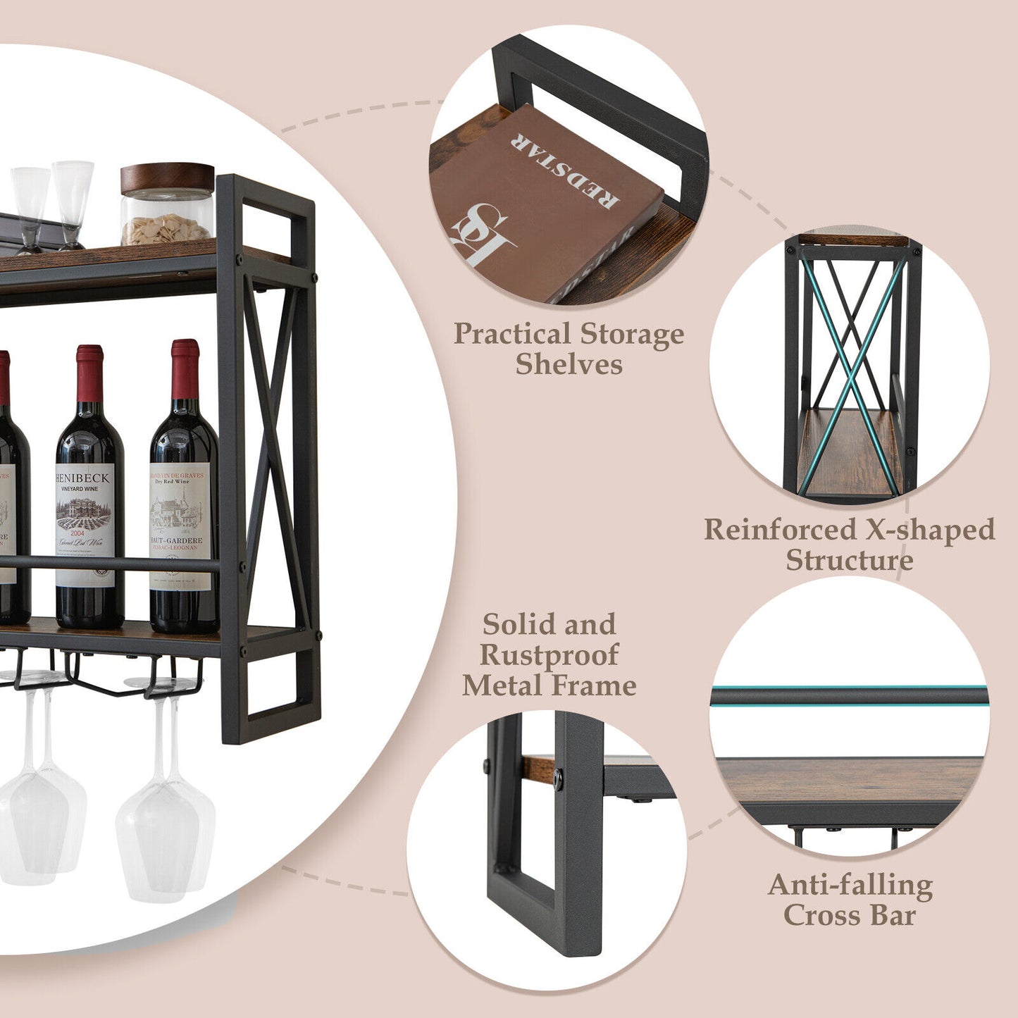 Giantex Industrial Wall Mounted Wine Rack, 2-Tier Wine Shelf, Rustic Brown