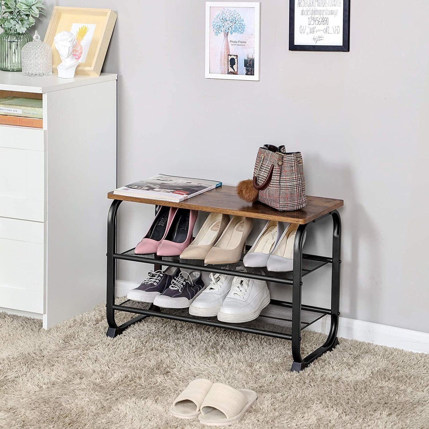 Vasagle Shoe Bench with 2 Mesh Shelves Rounded Iron Frame Rustic Brown