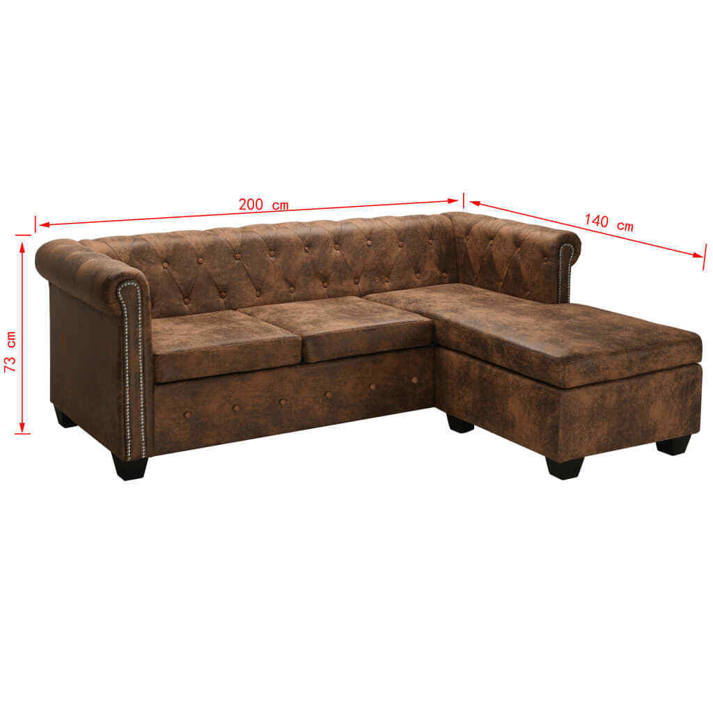 L-shaped Chesterfield Sofa Artificial Suede Leather Brown