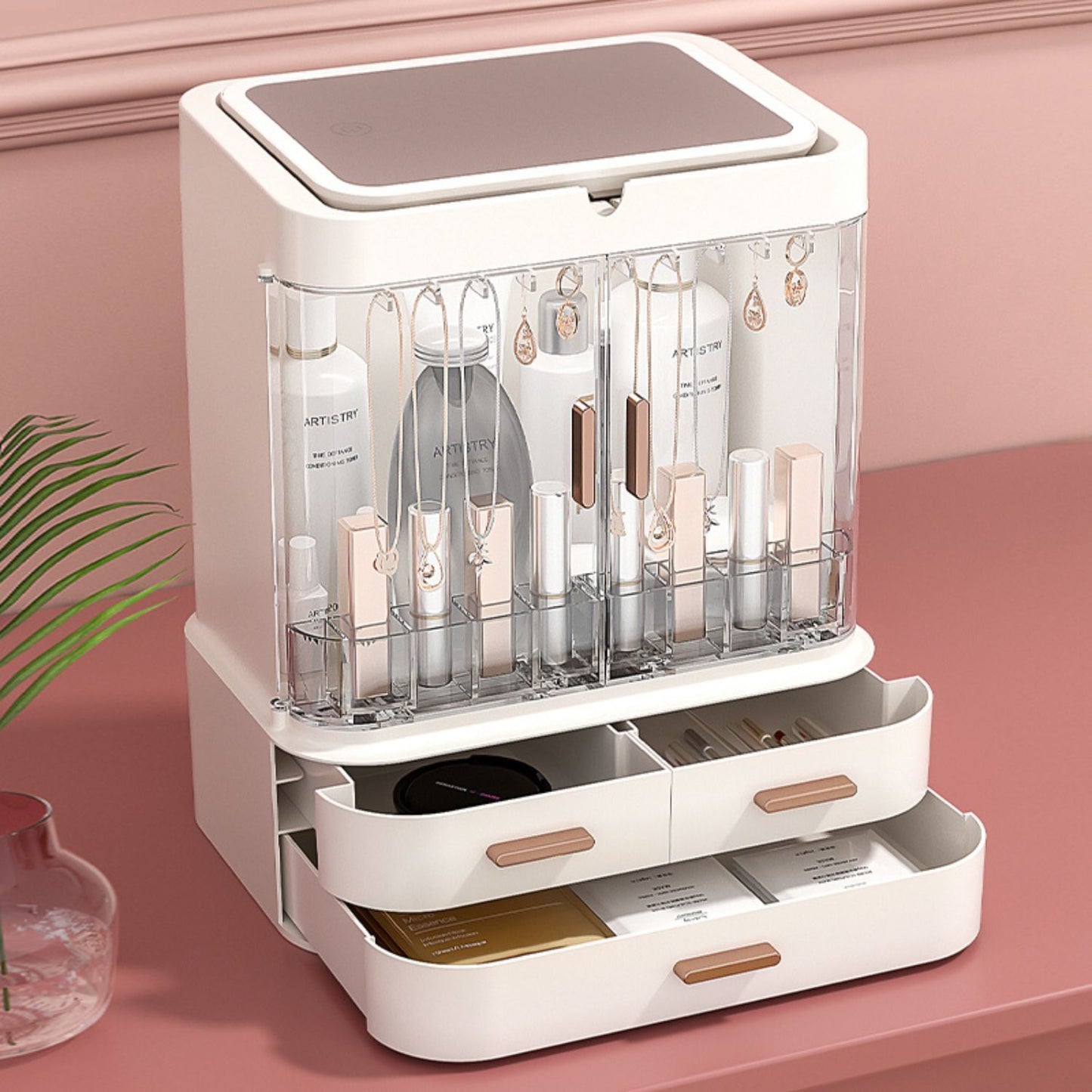 Gominimo Led Cosmetic Storage Makeup Organiser with Led Makeup Mirror White